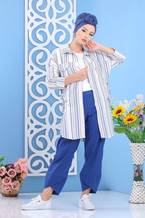 Düz Orta Kadın Mavi Çizgili Tunik Taba  - 7647 MAVİ