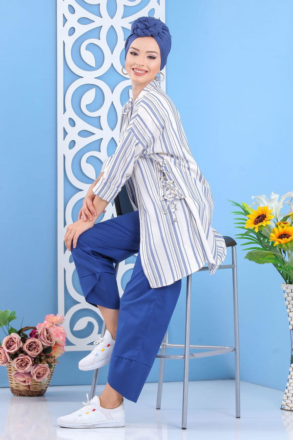 Düz Orta Kadın Mavi Çizgili Tunik Taba  - 7647 MAVİ