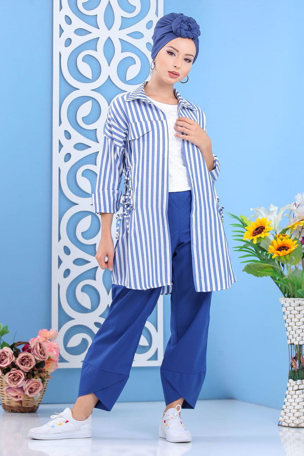 Düz Orta Kadın Mavi Çizgili Tunik Taba  - 7647 MAVİ