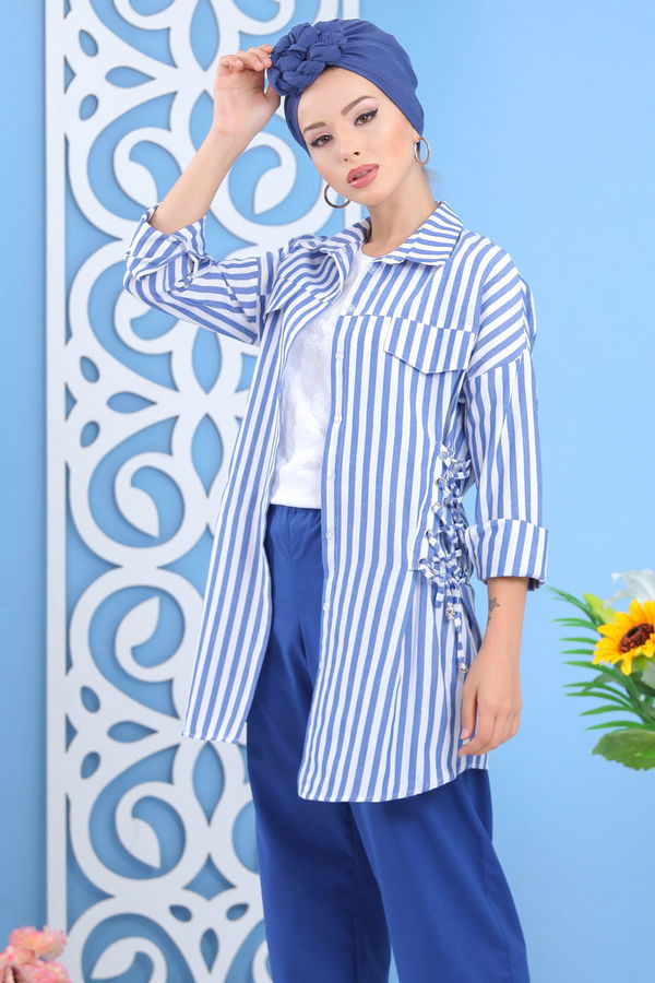 Düz Orta Kadın Mavi Çizgili Tunik Taba  - 7647 MAVİ