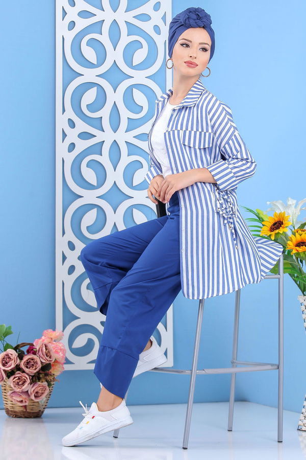 Düz Orta Kadın Mavi Çizgili Tunik Taba  - 7647 MAVİ