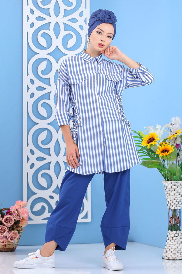 Düz Orta Kadın Mavi Çizgili Tunik Taba  - 7647 MAVİ