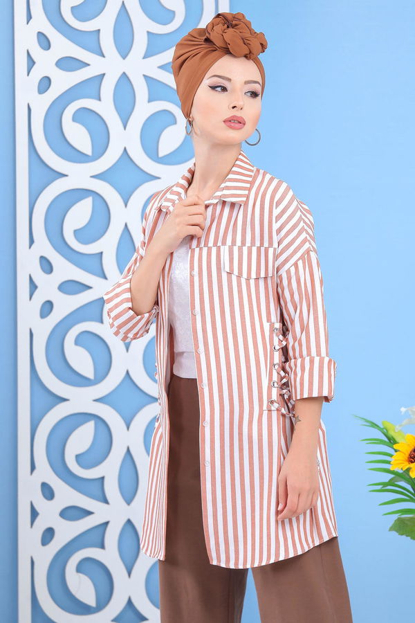Düz Orta Kadın Taba Çizgili Tunik Taba  - 7647 TABA