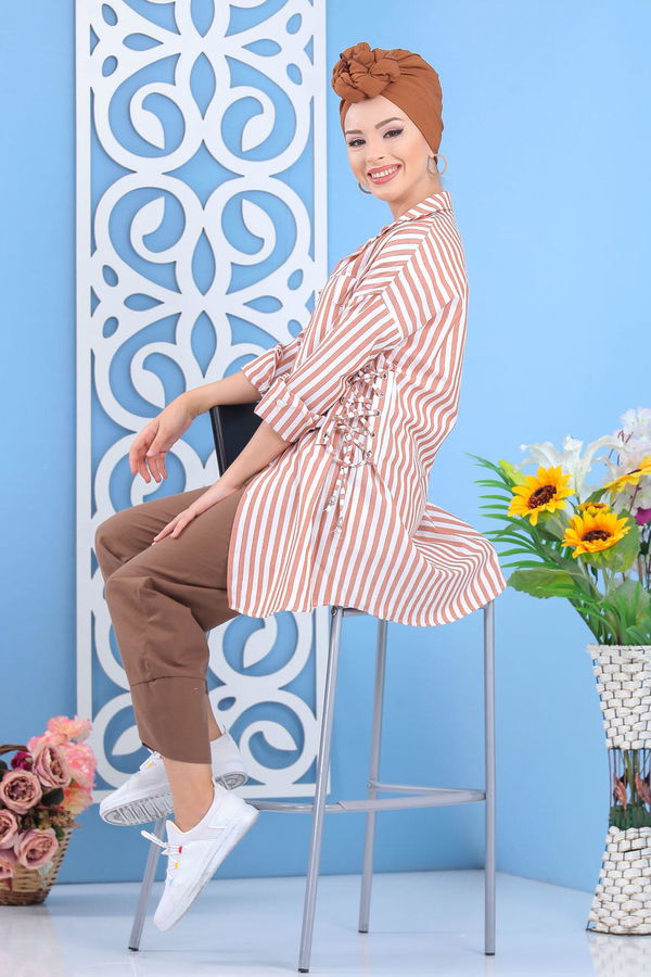 Düz Orta Kadın Taba Çizgili Tunik Taba  - 7647 TABA