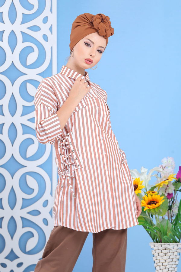 Düz Orta Kadın Taba Çizgili Tunik Taba  - 7647 TABA