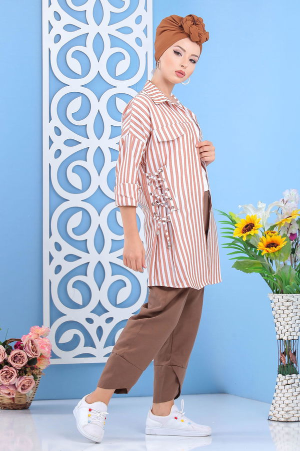Düz Orta Kadın Taba Çizgili Tunik Taba  - 7647 TABA