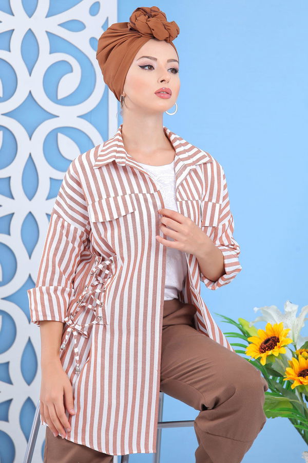 Düz Orta Kadın Taba Çizgili Tunik Taba  - 7647 TABA