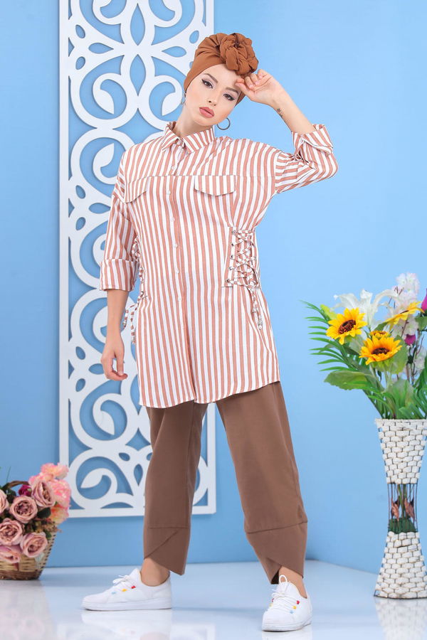 Düz Orta Kadın Taba Çizgili Tunik Taba  - 7647 TABA