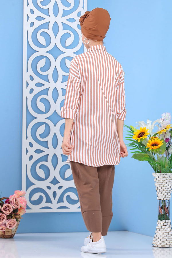 Düz Orta Kadın Taba Çizgili Tunik Taba  - 7647 TABA