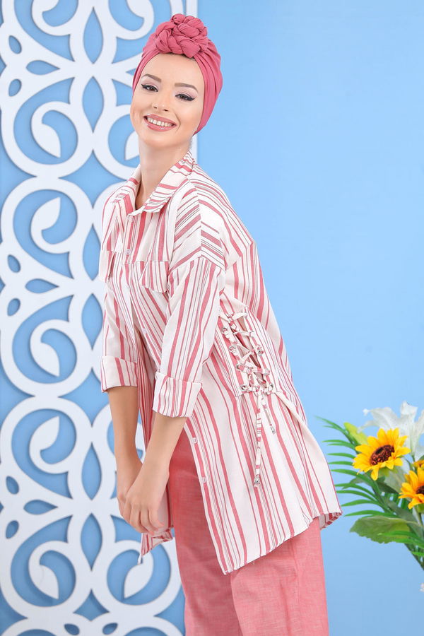 Düz Orta Kadın Bej Çizgili Tunik Taba  - 7647 BEJ