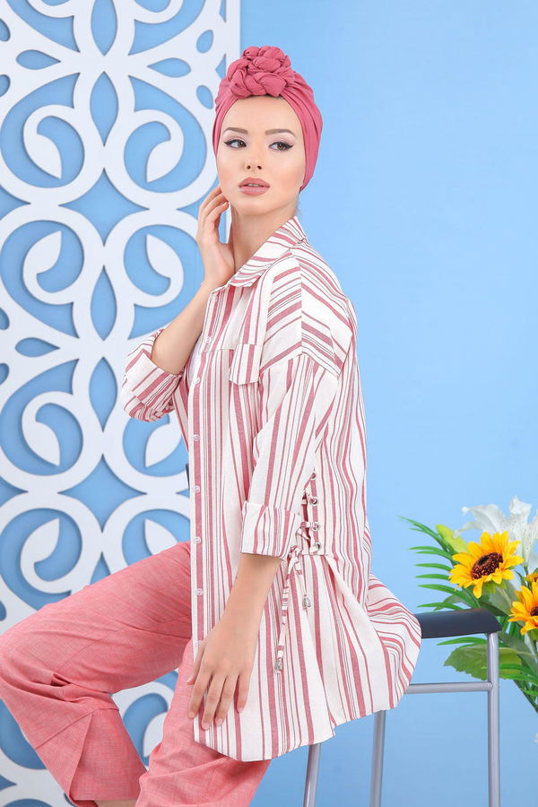 Düz Orta Kadın Bej Çizgili Tunik Taba  - 7647 BEJ