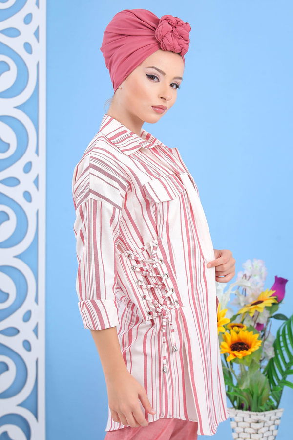 Düz Orta Kadın Bej Çizgili Tunik Taba  - 7647 BEJ