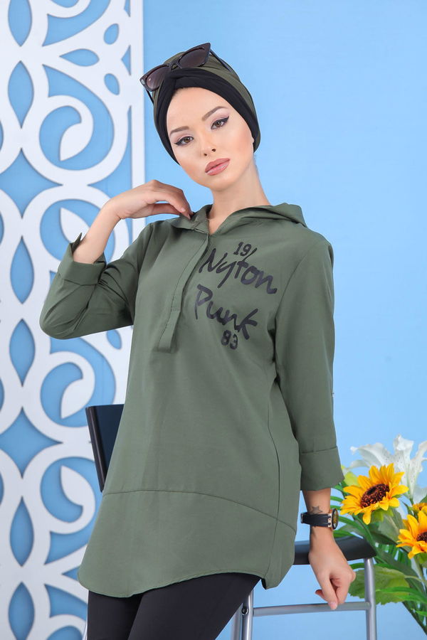 Düz Orta Kadın Haki Kapşonlu Tunik Haki  - 7649 HAKİ