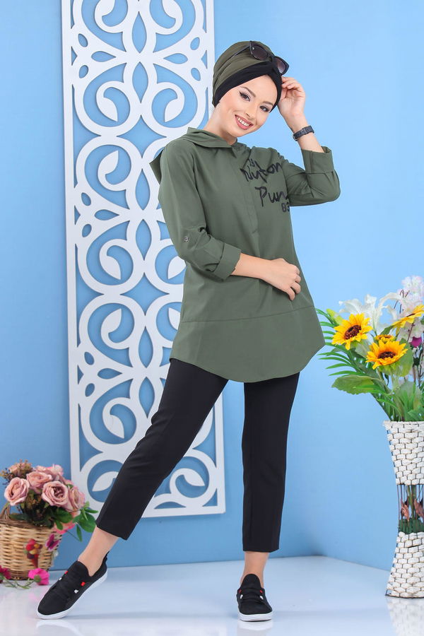Düz Orta Kadın Haki Kapşonlu Tunik Haki  - 7649 HAKİ