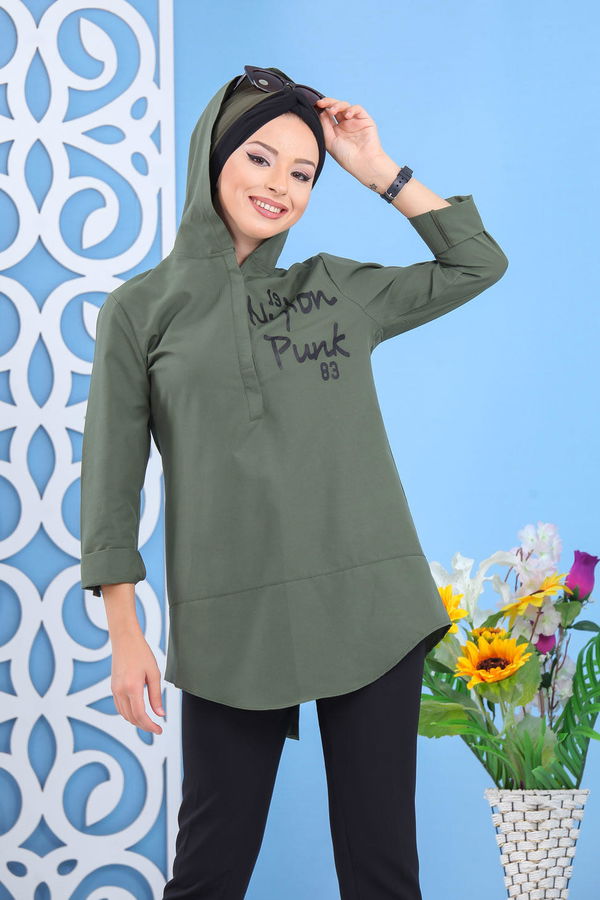 Düz Orta Kadın Haki Kapşonlu Tunik Haki  - 7649 HAKİ