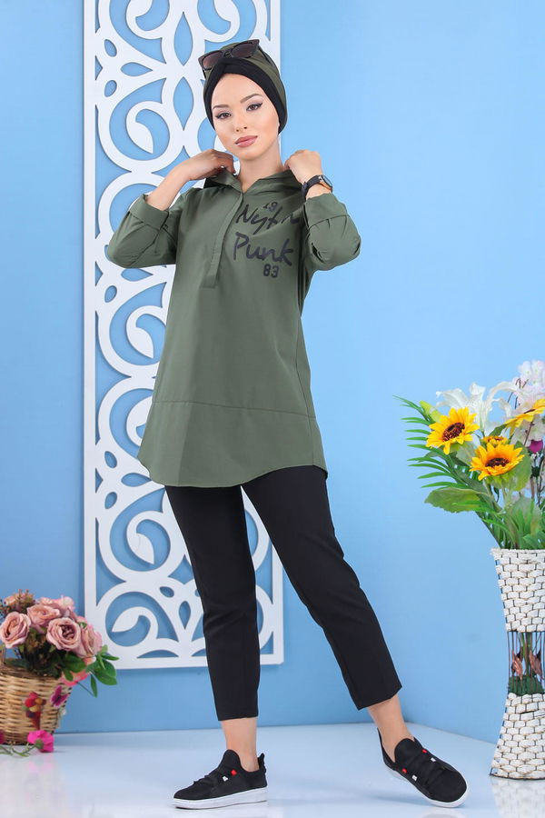 Düz Orta Kadın Haki Kapşonlu Tunik Haki  - 7649 HAKİ