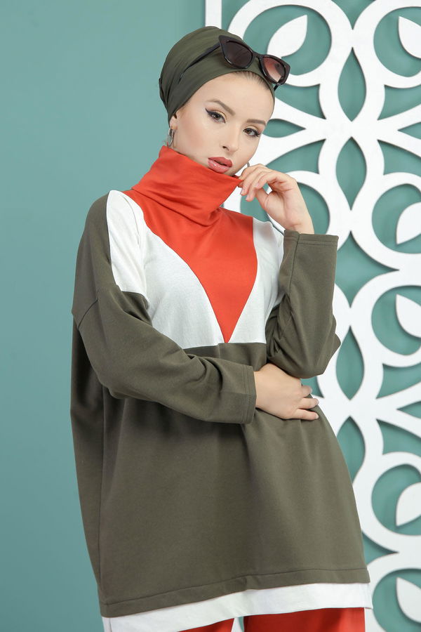 Düz Orta Kadın Haki Tunik Pantolon Siyah  - 7651 HAKİ