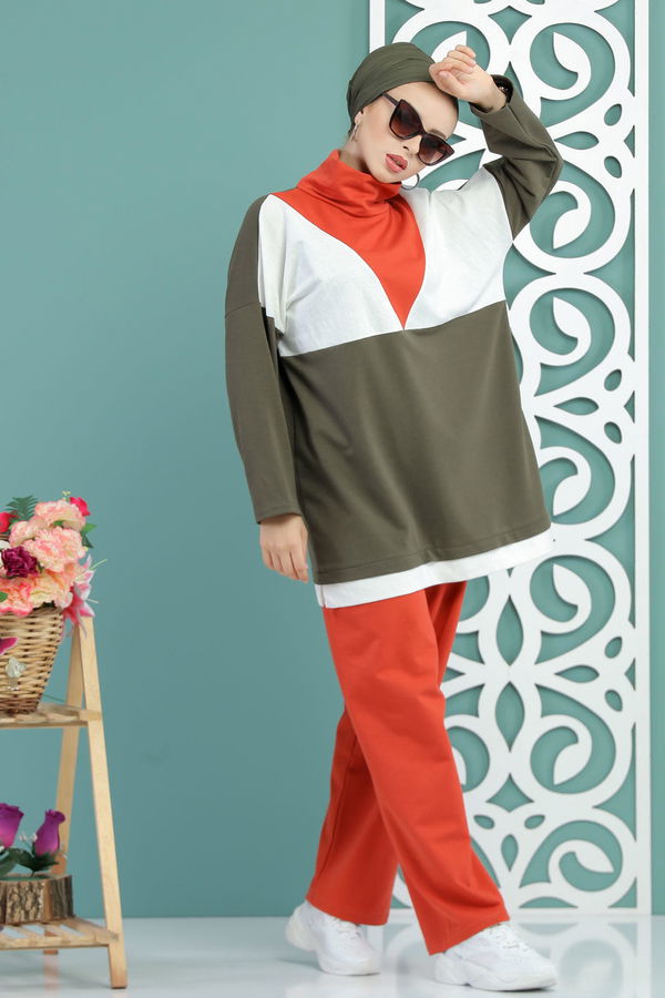 Düz Orta Kadın Haki Tunik Pantolon Siyah  - 7651 HAKİ
