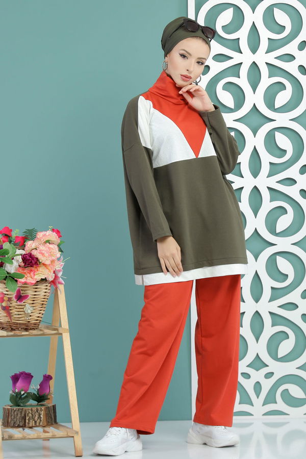 Düz Orta Kadın Haki Tunik Pantolon Siyah  - 7651 HAKİ