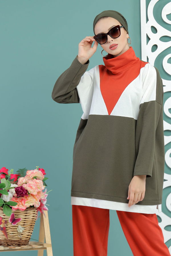 Düz Orta Kadın Haki Tunik Pantolon Siyah  - 7651 HAKİ