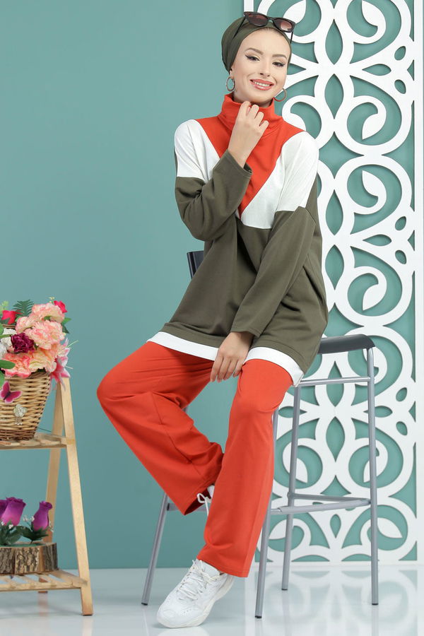 Düz Orta Kadın Haki Tunik Pantolon Siyah  - 7651 HAKİ