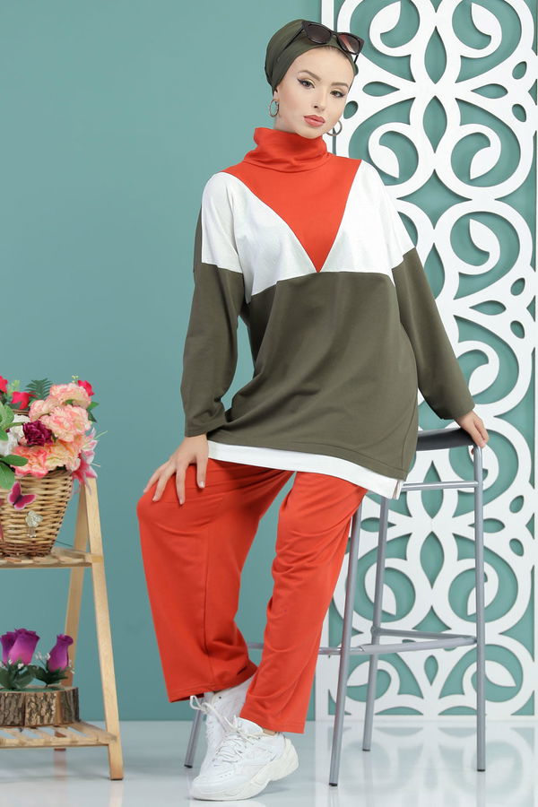 Düz Orta Kadın Haki Tunik Pantolon Siyah  - 7651 HAKİ