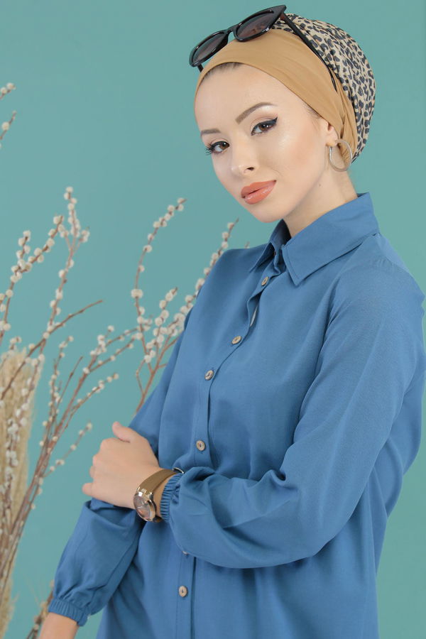 Düz Orta Kadın Mavi Tunik Siyah  - 7656 MAVİ