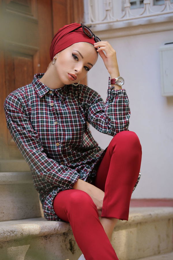 Düz Orta Kadın Haki Ekose Tunik Haki - 02 7658 - 7658 HAKİ