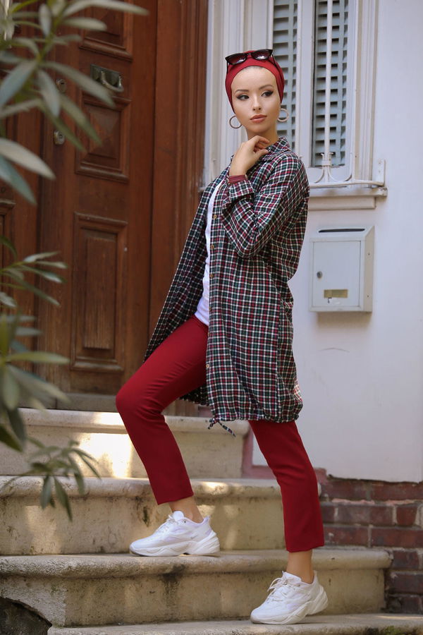 Düz Orta Kadın Haki Ekose Tunik Haki - 02 7658 - 7658 HAKİ
