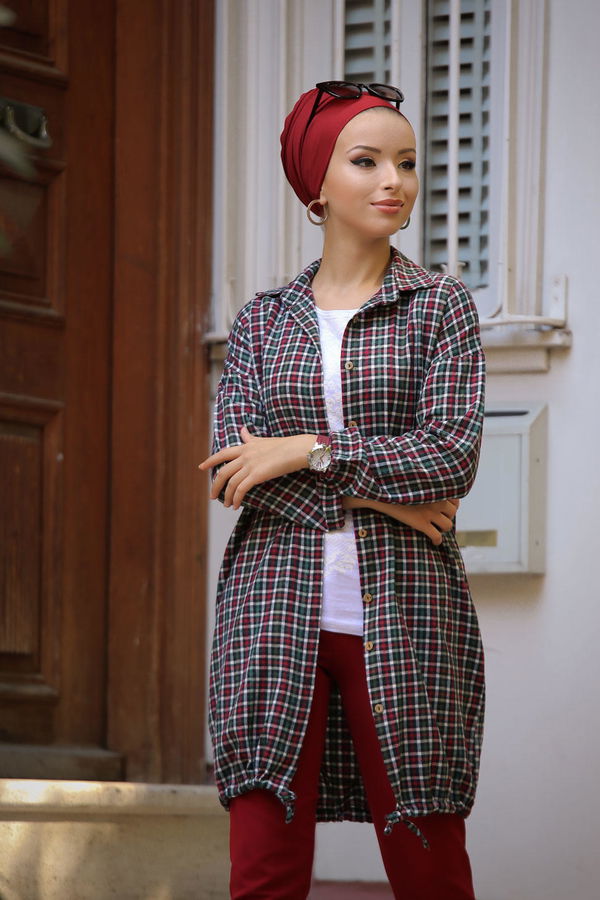 Düz Orta Kadın Haki Ekose Tunik Haki - 02 7658 - 7658 HAKİ