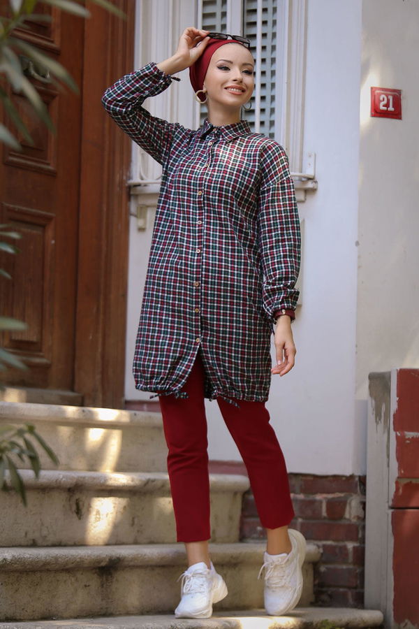 Düz Orta Kadın Haki Ekose Tunik Haki - 02 7658 - 7658 HAKİ