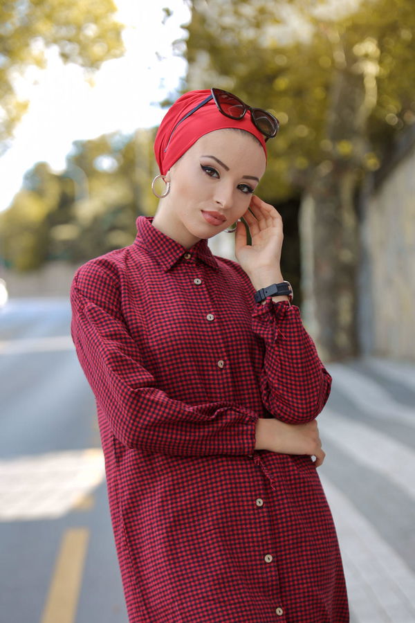 Düz Orta Kadın Kırmızı Ekose Tunik Kirmizi - 02 7658 - 7658 Kırmızı