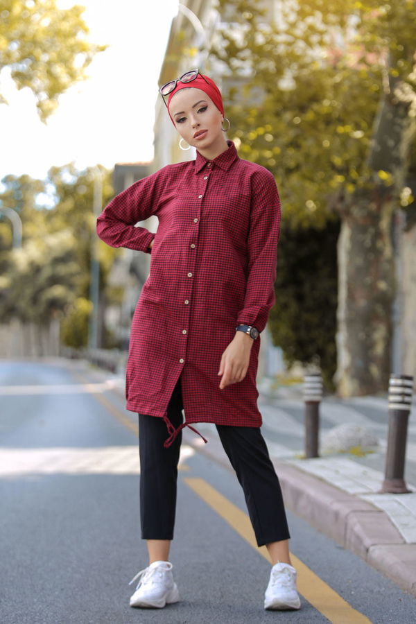 Düz Orta Kadın Kırmızı Ekose Tunik Kirmizi - 02 7658 - 7658 Kırmızı