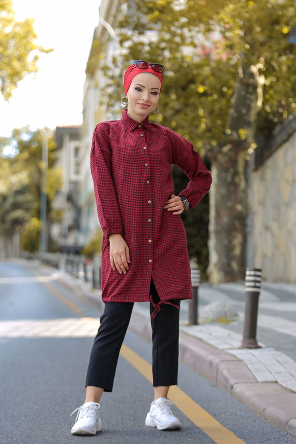Düz Orta Kadın Kırmızı Ekose Tunik Kirmizi - 02 7658 - 7658 Kırmızı