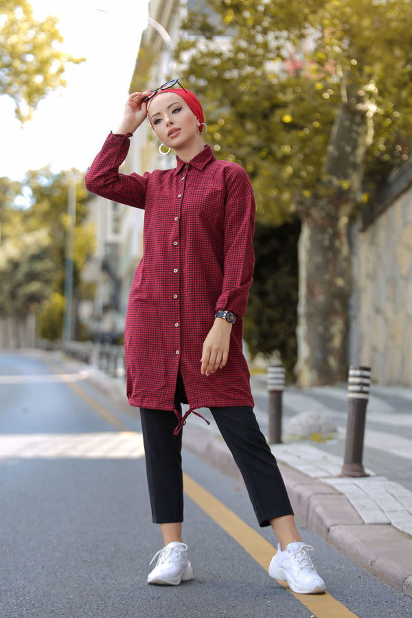 Düz Orta Kadın Kırmızı Ekose Tunik Kirmizi - 02 7658 - 7658 Kırmızı
