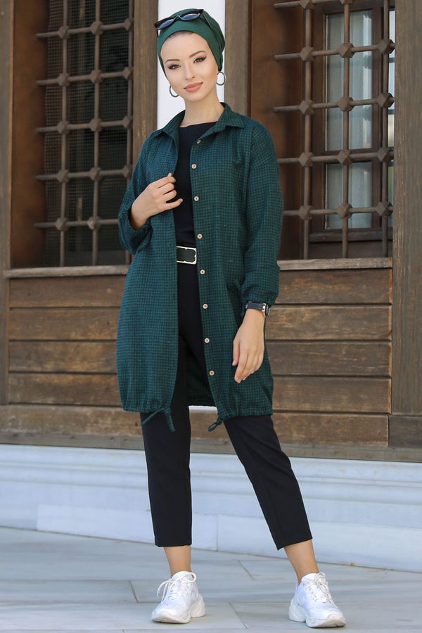 Düz Orta Kadın Yeşil Ekose Tunik Zumrut - 02 7658 - 7658 YEŞİL