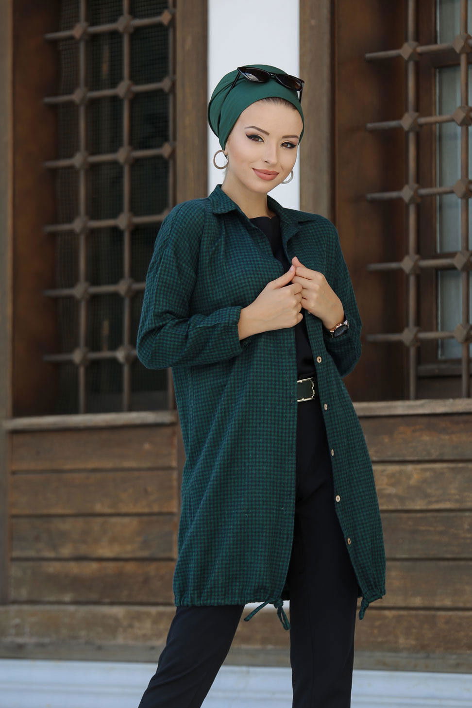 Düz Orta Kadın Yeşil Ekose Tunik Zumrut - 02 7658 - 7658 YEŞİL
