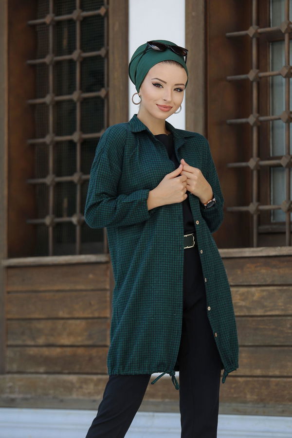 Düz Orta Kadın Yeşil Ekose Tunik Zumrut - 02 7658 - 7658 YEŞİL