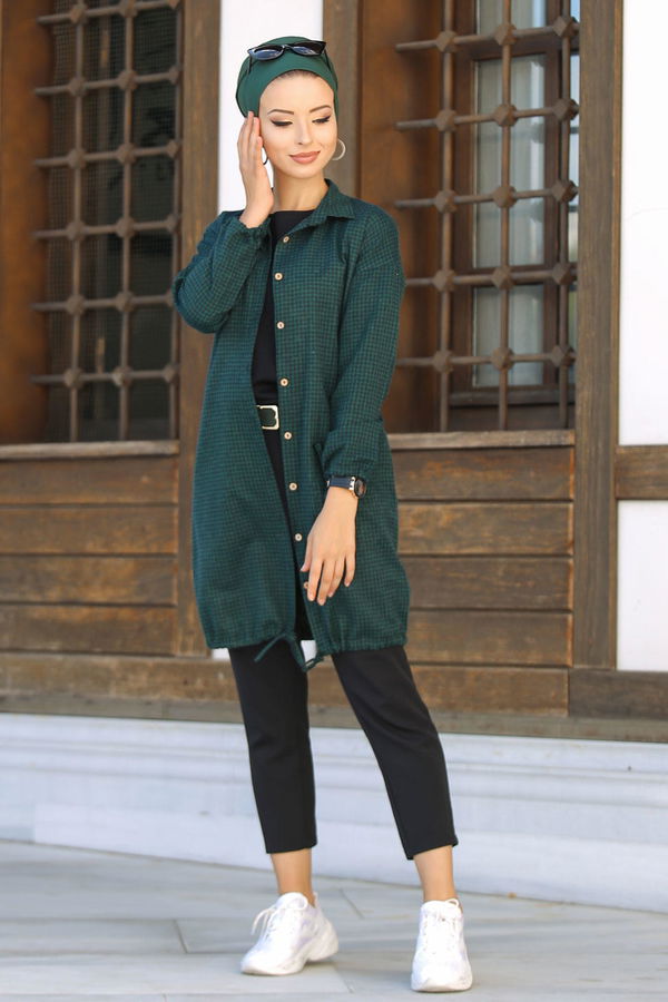 Düz Orta Kadın Yeşil Ekose Tunik Zumrut - 02 7658 - 7658 YEŞİL
