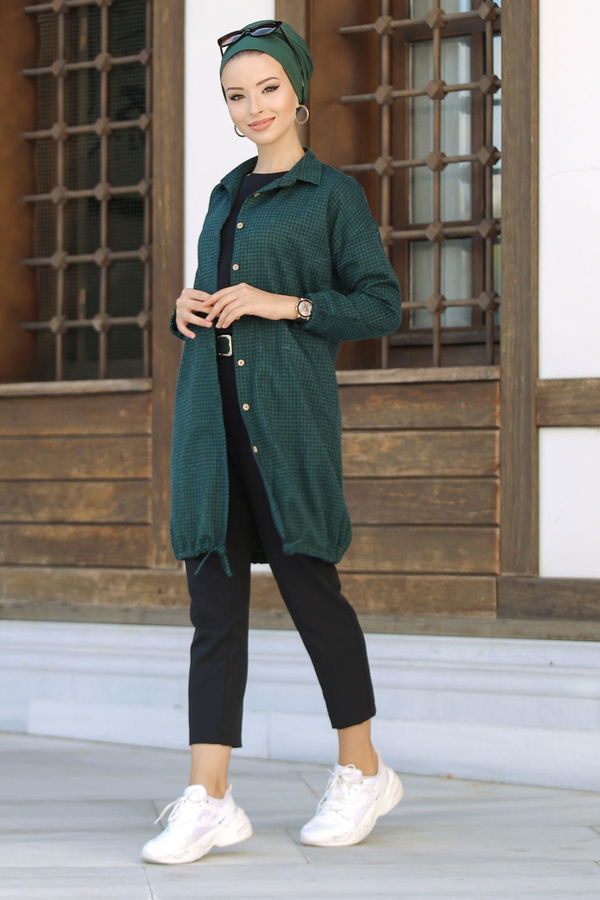 Düz Orta Kadın Yeşil Ekose Tunik Zumrut - 02 7658 - 7658 YEŞİL