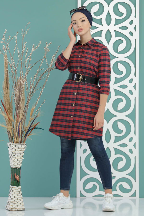 Düz Orta Kadın Bordo Ekose Tunik Bordo - 02 7662 - 7662
