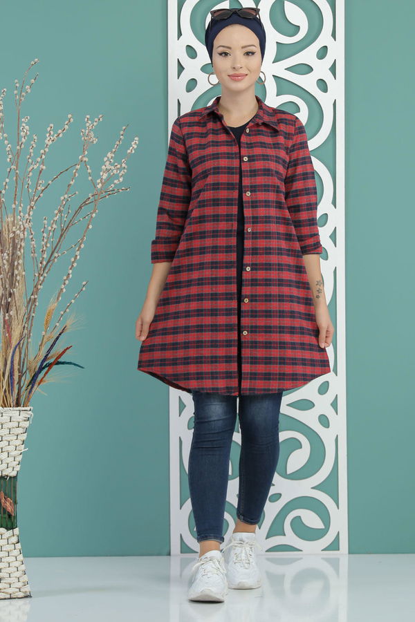 Düz Orta Kadın Bordo Ekose Tunik Bordo - 02 7662 - 7662