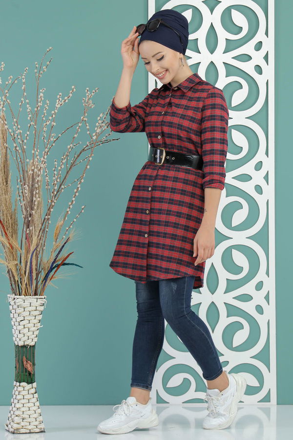 Düz Orta Kadın Bordo Ekose Tunik Bordo - 02 7662 - 7662