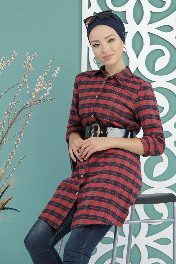 Düz Orta Kadın Bordo Ekose Tunik Bordo - 02 7662 - 7662