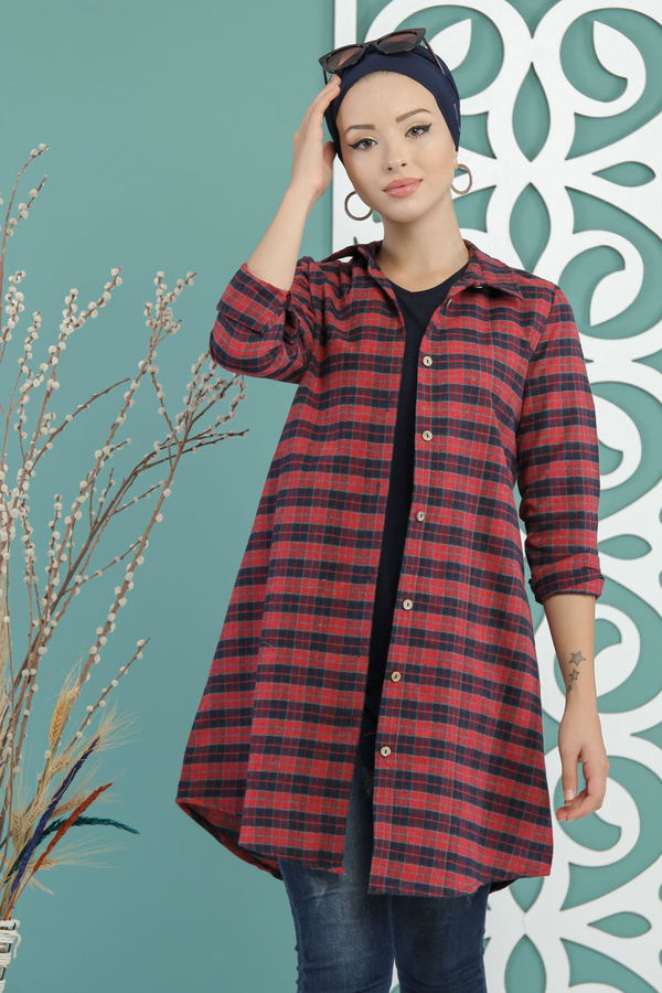 Düz Orta Kadın Bordo Ekose Tunik Bordo - 02 7662 - 7662