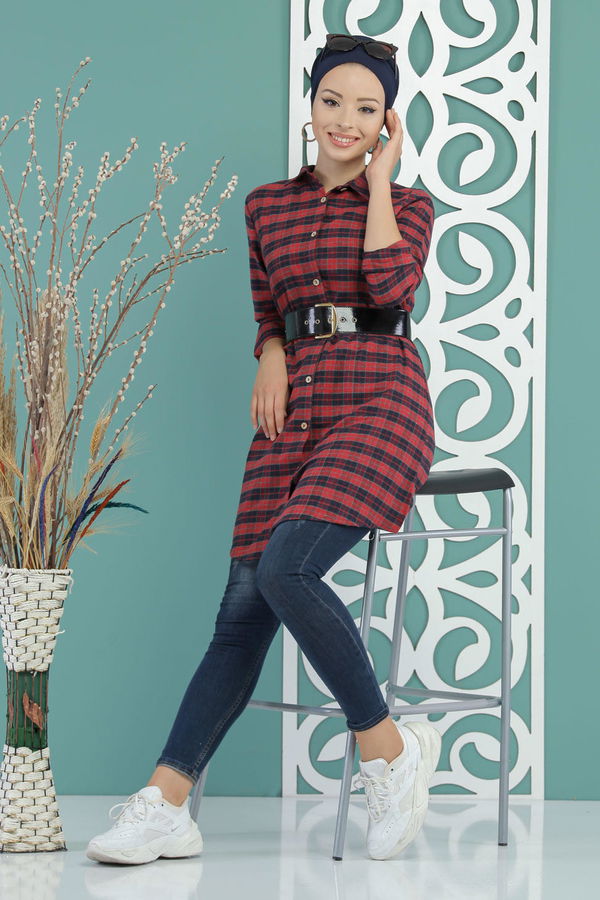 Düz Orta Kadın Bordo Ekose Tunik Bordo - 02 7662 - 7662