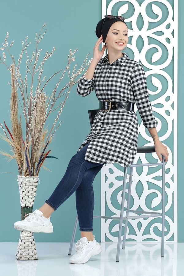Düz Orta Kadın Siyah Ekose Tunik Siyah - 02 7662 - 7662 SİYAH