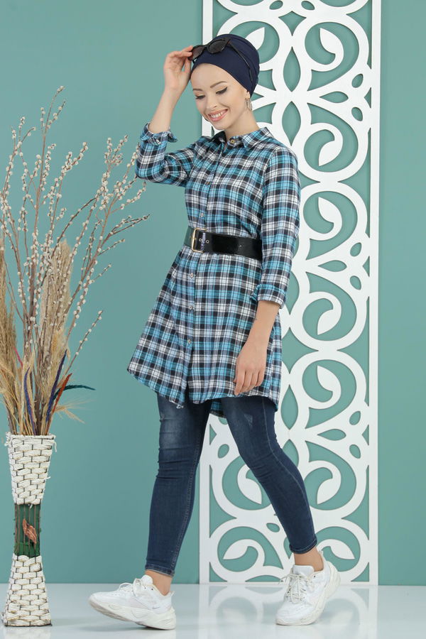 Düz Orta Kadın Mavi Ekose Tunik Mavi - 02 7662 - 7662