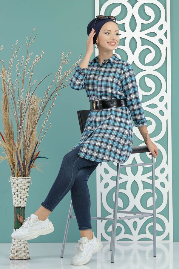 Düz Orta Kadın Mavi Ekose Tunik Mavi - 02 7662 - 7662