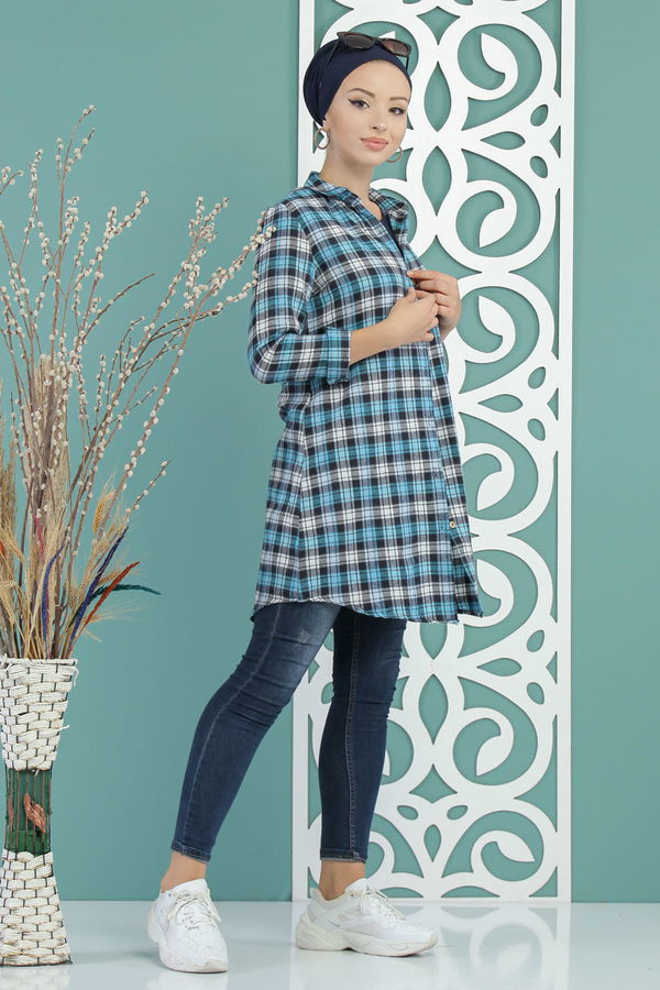 Düz Orta Kadın Mavi Ekose Tunik Mavi - 02 7662 - 7662